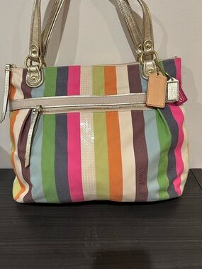 Coach 19021 Poppy Legacy Stripe Sequin Glam Tote EUC